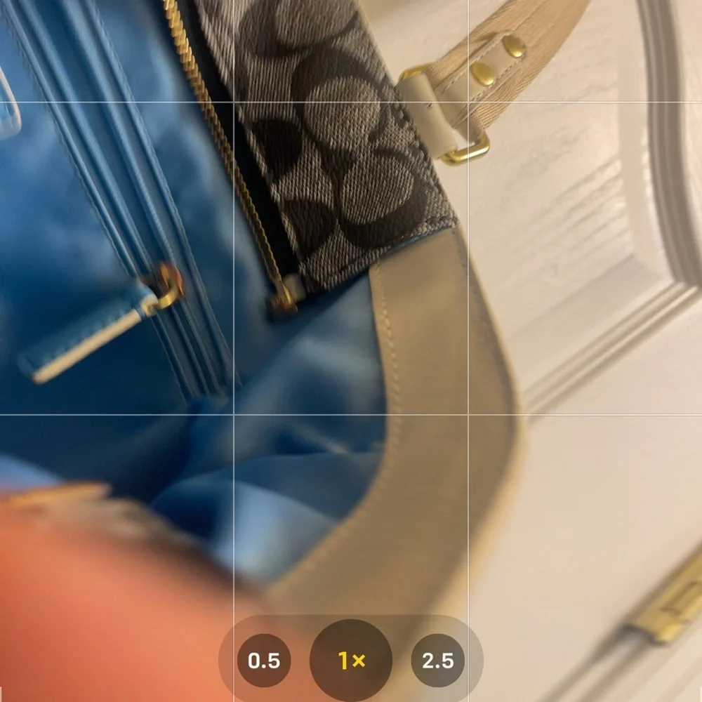 Coach bag gray and black with blue and white stripes gold logo in the front_13